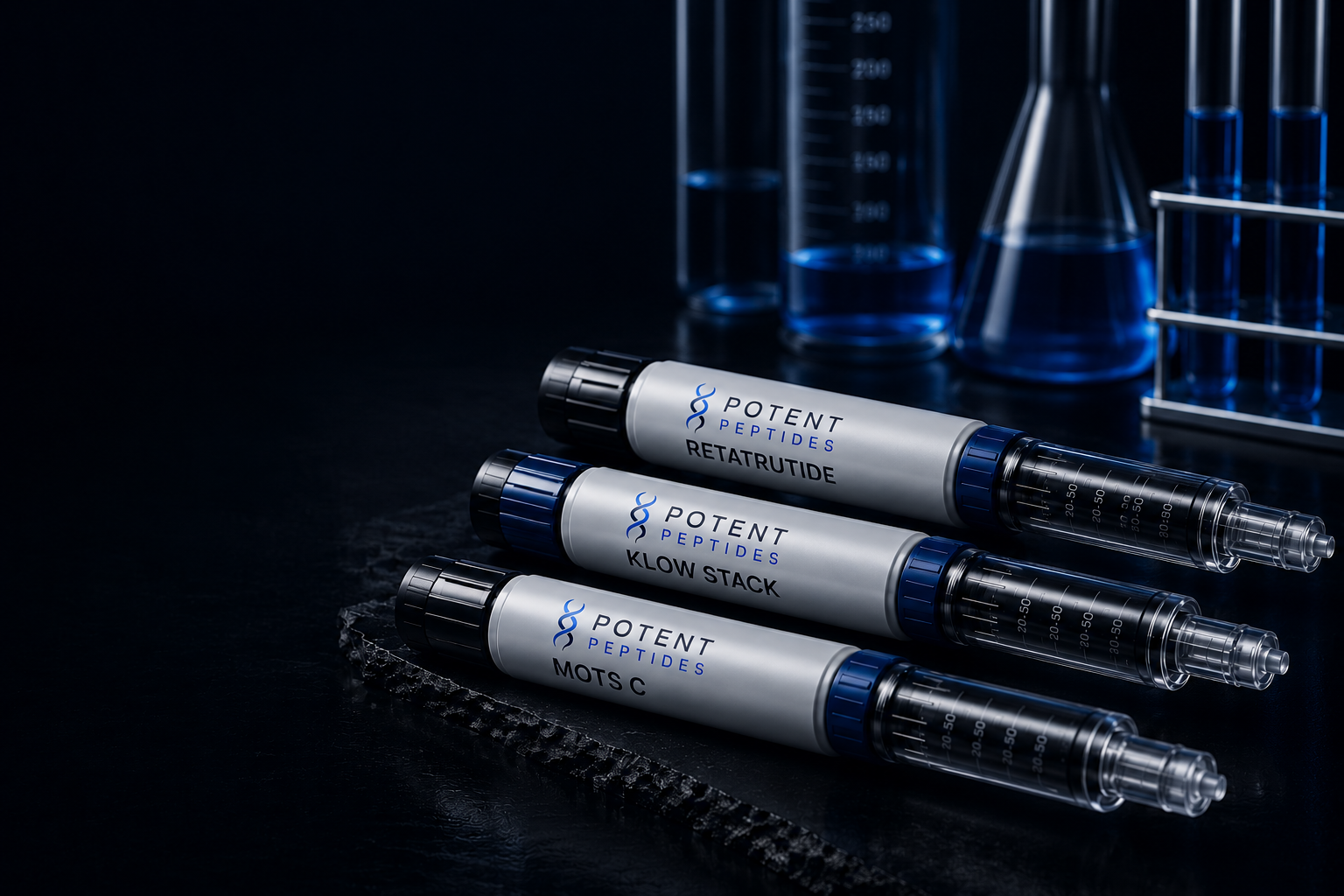 Potent Peptides research pens with laboratory glassware