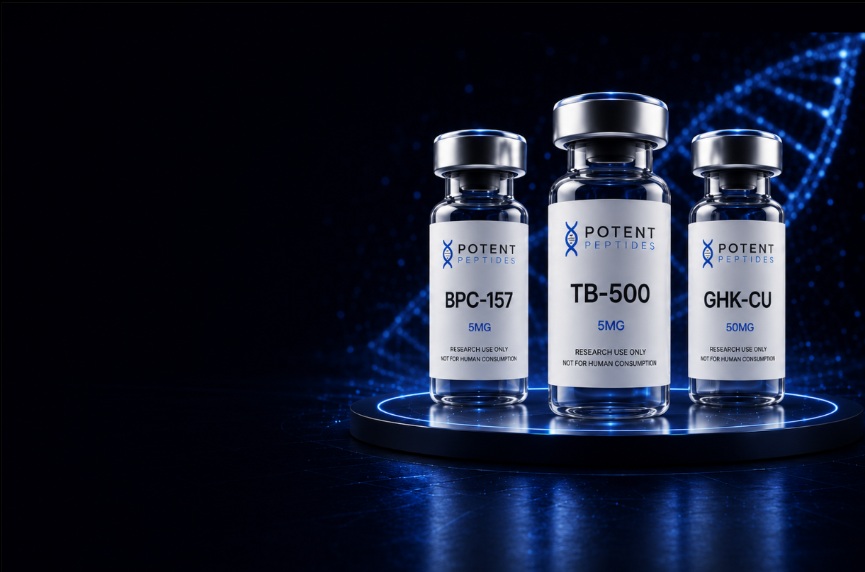 Potent Peptides research vials: BPC-157, TB-500, and GHK-Cu